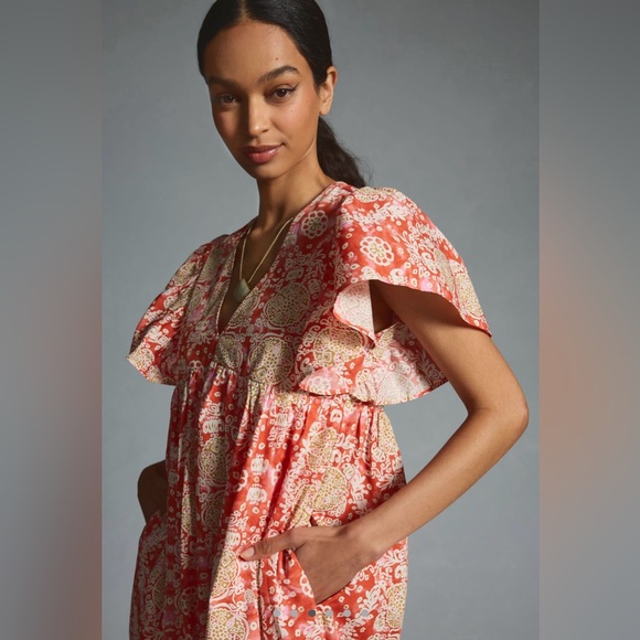 Anthropologie Maeve Printed Flutter Sleeve Babydoll Dress in Pink Pattern Size S - Picture 3 of 9